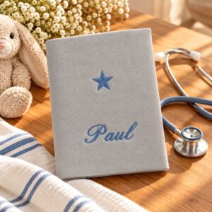 Protège-carnet de santé personnalisé Paul en coton gris, broderie bleue, présenté avec son intérieur ouvert, un doudou et un stéthoscope – Melocotone.