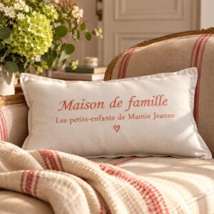 Coussin câlin personnalisé pour Mamie Jeanne sur un fauteuil ancien