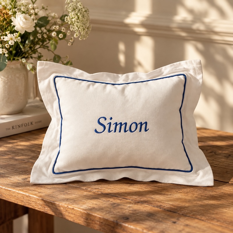 Petit coussin blanc à volant et passepoil bleu, personnalisé avec le prénom Simon brodé en bleu.