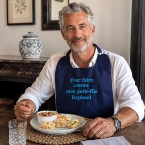 Bavoir adulte personnalisé bleu marine avec texte brodé